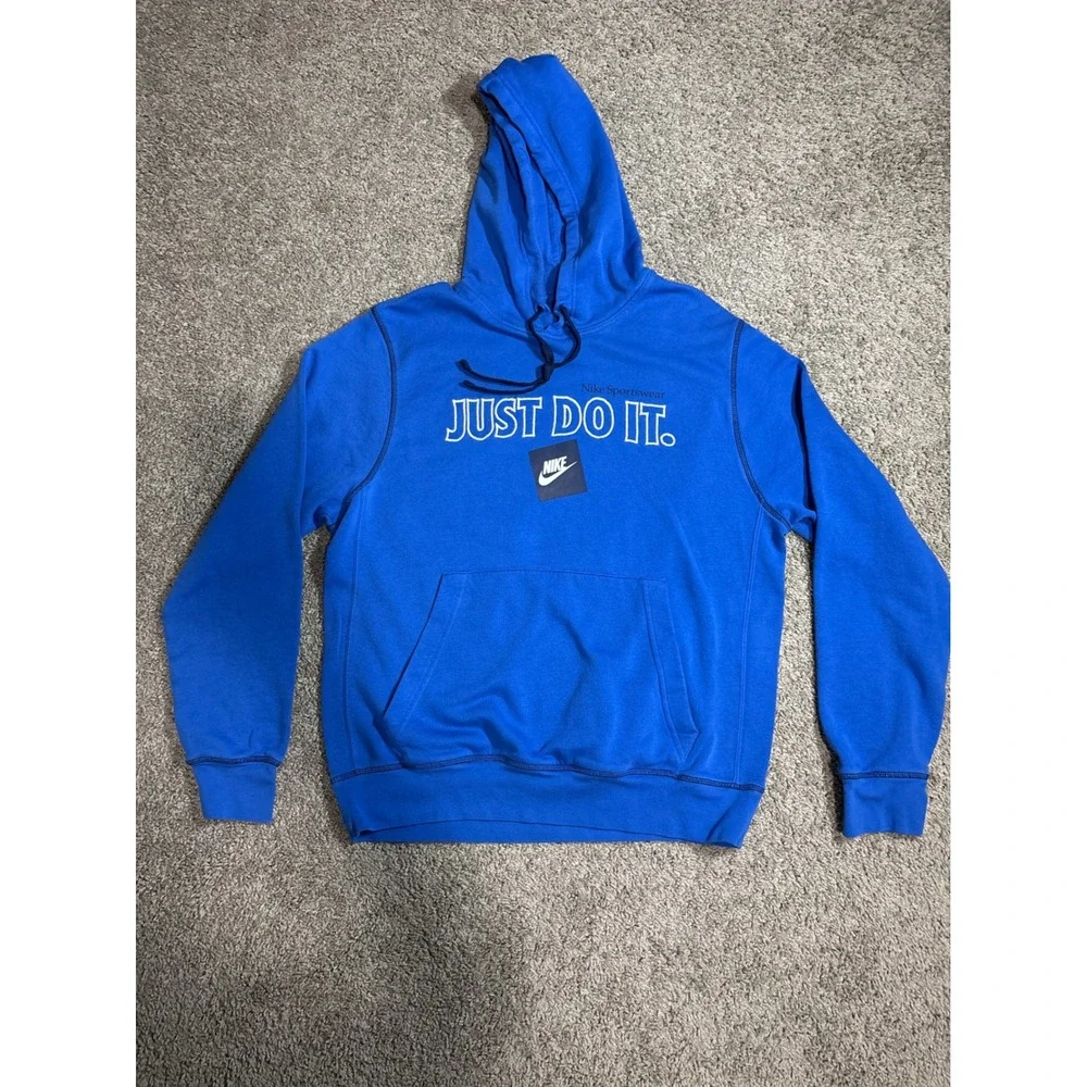 Nike Sportswear Just Do It Hoodie Mens Blue Pullover Sweatshirt Graphic Logo L